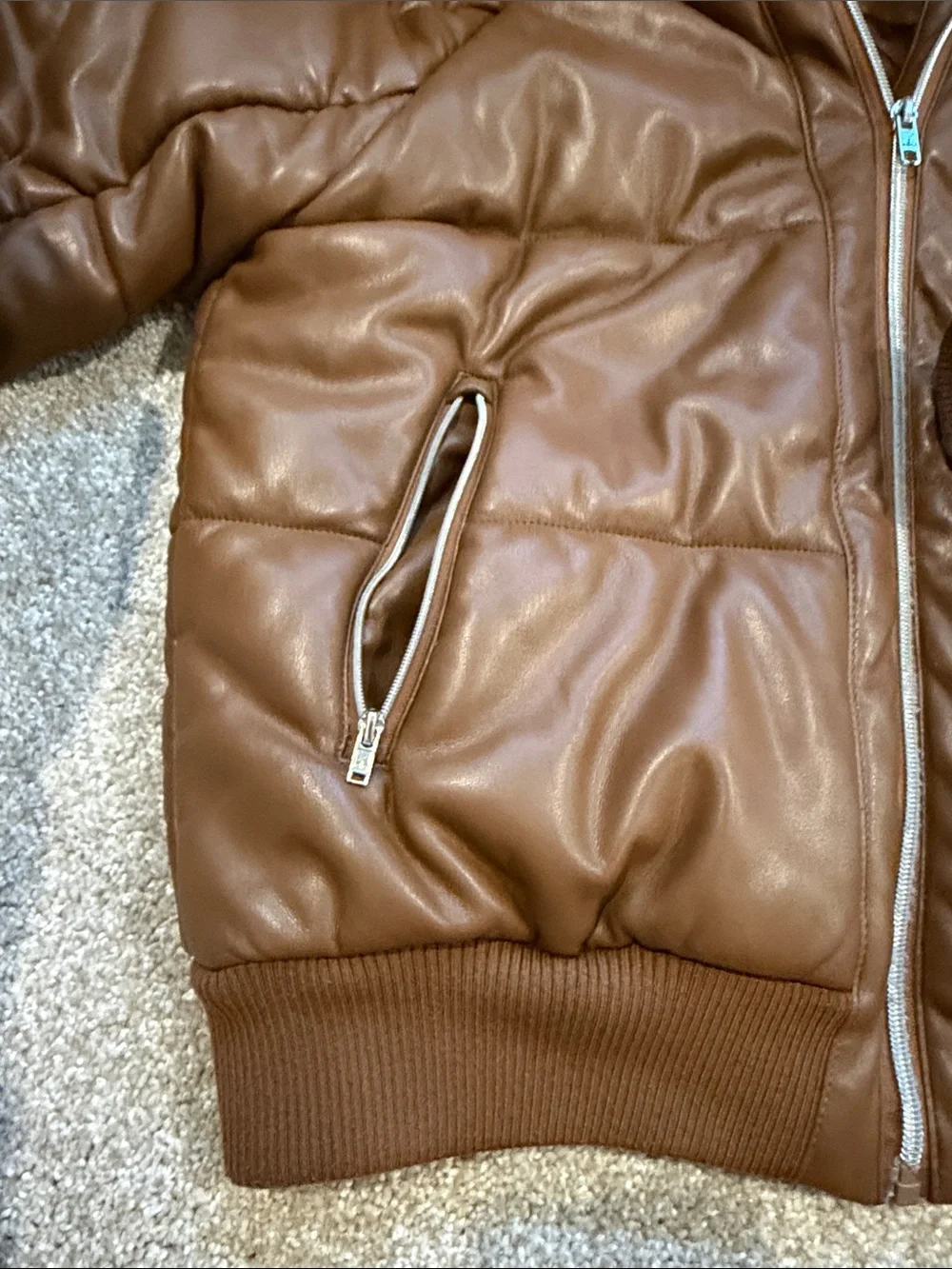 ALO Yoga Boss Faux Leather Brown Hooded Puffer Jacket XS